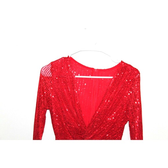 Womens Red Sequin Mini Long Sleeve V Neck Lined Twisted Waist Full Zip Size Sm - Picture 2 of 7